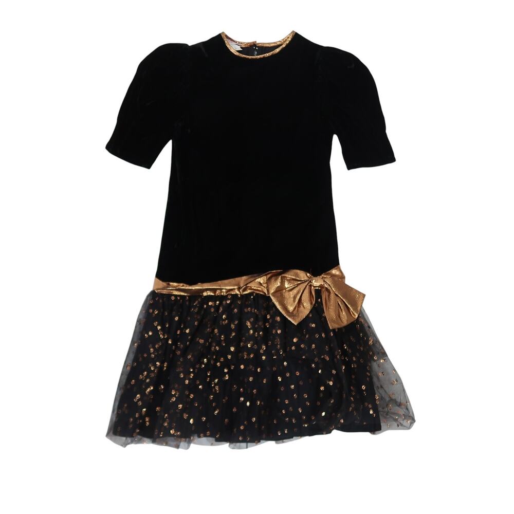 Vintage 80s Dorissa International Nicole Black Velvet Bronze Bow Party Dress 12